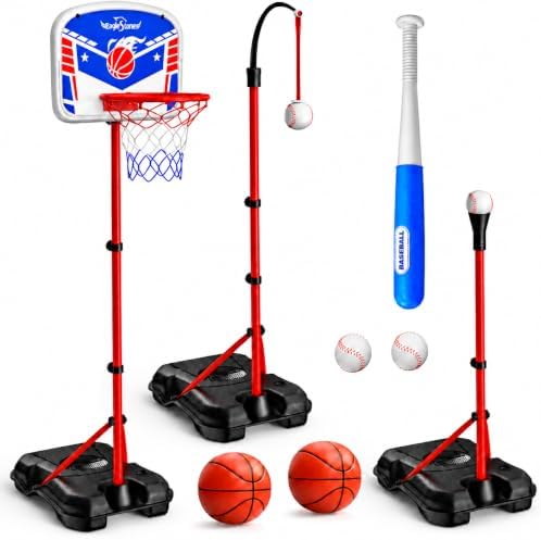 EagleStone 3 in 1 Kids Basketball Hoop and T Ball Set for Kids 3-12