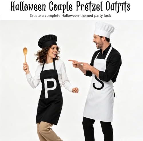4 Pcs Salt and Pepper Costume Set for Adults - Classic Condiment Themed Couple Outfit - P & S Apron, Black & White Chef Hat - Matching Pair Costume Accessories for Adult Halloween Party