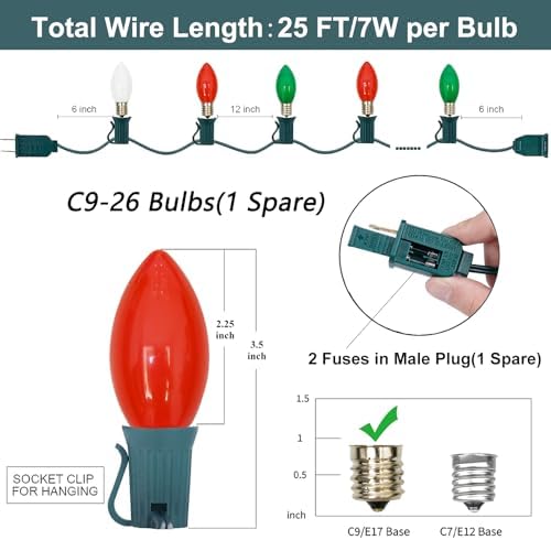 SUNSGNE C9 Christmas String Lights, 25 Feet Vintage Christmas Tree Lights with 26 7W Red Green White Glass Bulbs(1 Spare) for Patio Balcony Xmas Decor, Green Wire