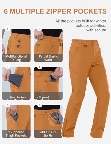 Stlight Mens Snow Ski Water Repellent Softshell Pants for Winter Hiking Fleece Lined Bottom Leg Zipper with 6 Zip Pockets