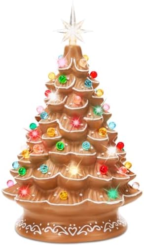 Best Choice Products 15in Ceramic Christmas Tree, Pre-lit Hand-Painted Tabletop Holiday Tree, 2 Star Toppers, 64 Lights - Gingerbread w/Multicolored Bulbs
