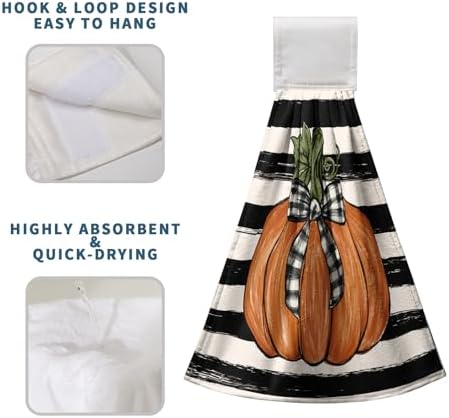 Fall Pumpkin Maple Leaves Kitchen Towels with Hanging Loop Autumn Thanksgiving Stripe Hand Tie Towels Soft Absorbent Fingertip Bath Towel Oven Stove Dish Washcloths Set of 2