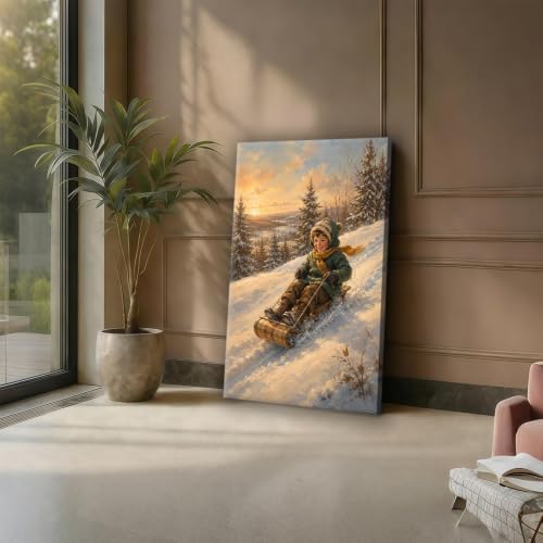Boy Sledding in Winter Framed Canvas Wall Art, Holiday Snow Scene Decor