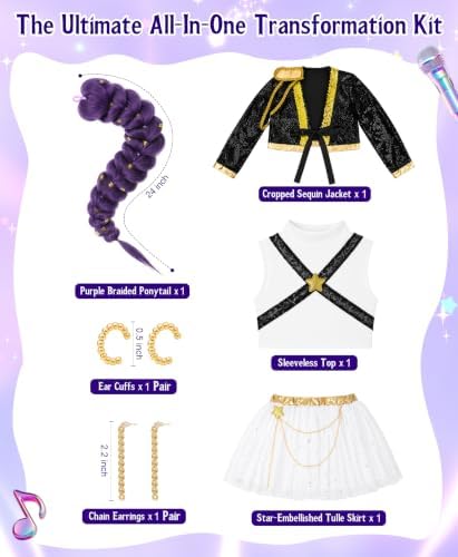 Girls Halloween Costume, Pop Singer Costume, Sequin Jackets Skirts with Purple Braid for Birthday Party, 4-12 Years