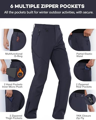 Stlight Mens Snow Ski Water Repellent Softshell Pants for Winter Hiking Fleece Lined Bottom Leg Zipper with 6 Zip Pockets