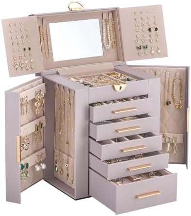 Lolalet Large Jewelry Box, 6-Layer Jewelry Organizer with 5 Drawers -Purple