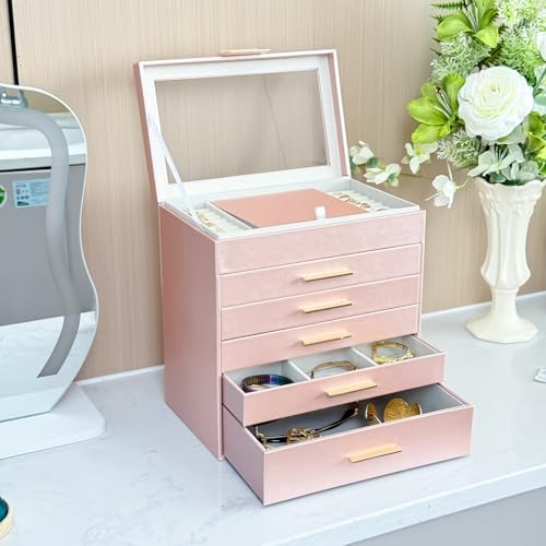 BOOVO Jewelry Boxes for Women, White and Black 6 Layer Large Jewelry Box for Necklace, Bracelet, Earrings, Rings Storage, Jewelry holder Organizer for Girls Gift (Rose gold, 6 layer)