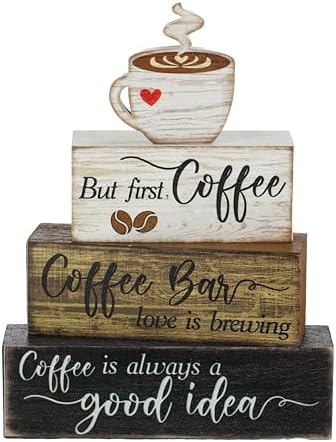 Moucuny 4 Pcs Coffee Bar Sign Wooden Blocks with Cup Topper Coffee Decor