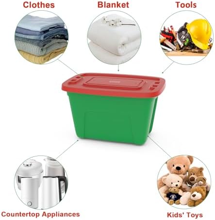 SIMPLYKLEEN 4-Pack Christmas Storage Totes with Lids - Made in USA 18-Gallon(72-Quart)Red Storage Bins,Holiday Organizer,Plastic Stackable Large Storage Boxes for Home,Office,Garage,Basement Red/Green