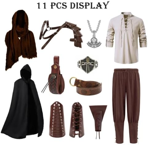 Akokvlar 10 Pcs Men Renaissance Costume Medieval Pirate Shirt Ankle Banded Pants Viking Outfit Set