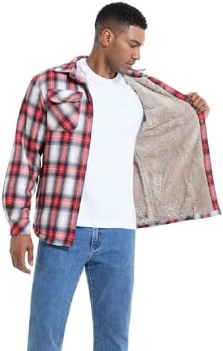 Men's Sherpa Cotton Flannel Shirt Jacket Plaid Button Coat Pocket
