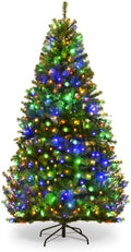 HAPPYGRILL 6 FT Pre-Lit Artificial Christmas Tree, Artificial Hinged Tree with 350 LED Lights, 1000 PVC Branch Tips and Foldable Base, Premium Spruce Tree with 11 Color Modes for Holiday Decor