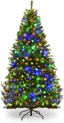 HAPPYGRILL 6 FT Pre-Lit Artificial Christmas Tree, Artificial Hinged Tree with 350 LED Lights, 1000 PVC Branch Tips and Foldable Base, Premium Spruce Tree with 11 Color Modes for Holiday Decor