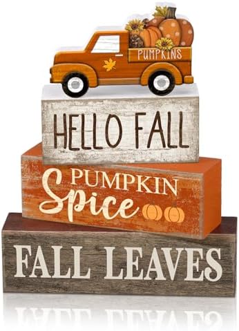 Moucuny 4 Pcs Fall Table Decor, Pumpkin Wood Block Sign Home Tray