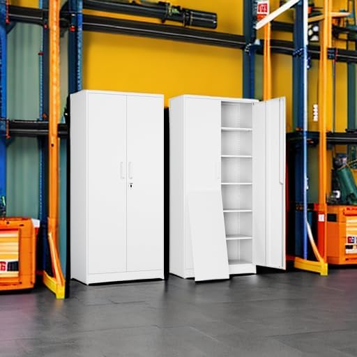 Metal Garage Storage Cabinet with 2 Doors and 5 Adjustable Shelves - 71" Steel Lockable File Cabinet,Locking Tool Cabinets for Office,Home,Garage,Gym,School (White)