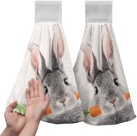 Easter Bunny Hanging Kitchen Towels Spring Easter Grey Rabbit Hand Towels with Hanging Loops Super Absorbent Soft Kitchen Tie Towel Fast Drying Bath Hand Towel for Bathroom Kitchen Set of 2