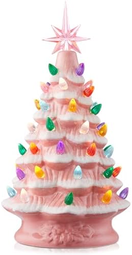 Casafield Hand Painted Ceramic Christmas Tree, Pink Snow Flocked 12-Inch Pre-Lit Tree with 100 Multi Color Lights and 2 Star Toppers