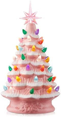 Casafield Hand Painted Ceramic Christmas Tree, Pink Snow Flocked 12-Inch Pre-Lit Tree with 100 Multi Color Lights and 2 Star Toppers