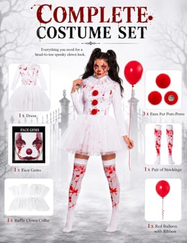 Women Halloween Scary Clown Costume with Bloody Tutu Dress and Face Gems