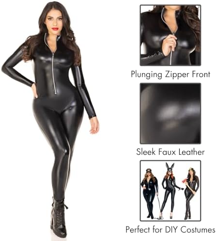 Leg Avenue Women's Wet Look Zipper Front Catsuit Sexy Halloween Costume
