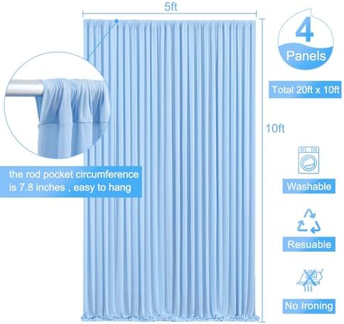4 Panels Baby Blue Backdrop Curtain for Baby Shower Parties Wrinkle Free Light Blue Curtains Backdrop Drapes Fabric Decoration for Birthday Party Photography 20ft(W) x 10ft(H)