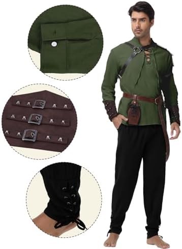 Men's Renaissance Costume,8 Piece Medieval Viking Pirate Outfit Set