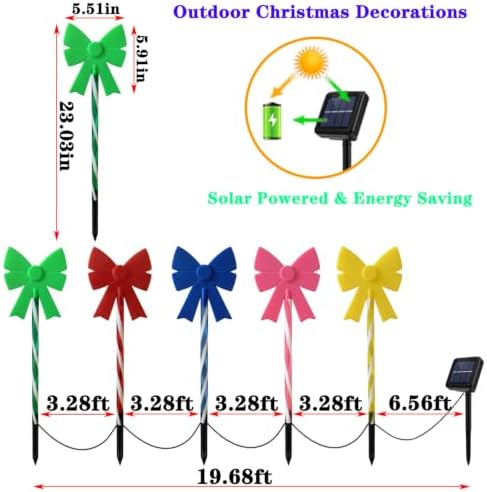 Outdoor Christmas Decorations Solar Pathway Lights, Set of 5 Colorful Bow Candy Stake Lights, Waterproof Solar Christmas Lights for Holiday Display Yard Garden Lawn Winter Party Xmas Decor