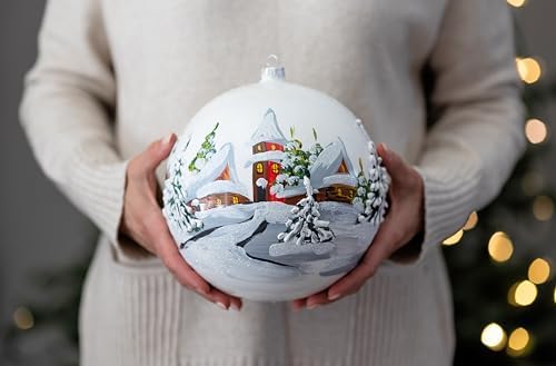 Hand Blown Glass Christmas Ornaments Ball, First Snow White 8 in + Stand