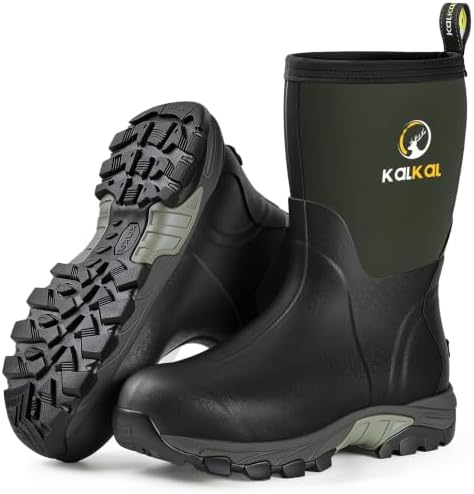 Kalkal Rubber Boots for Men, Waterproof Insulated Mid Calf Mens Rain Boots