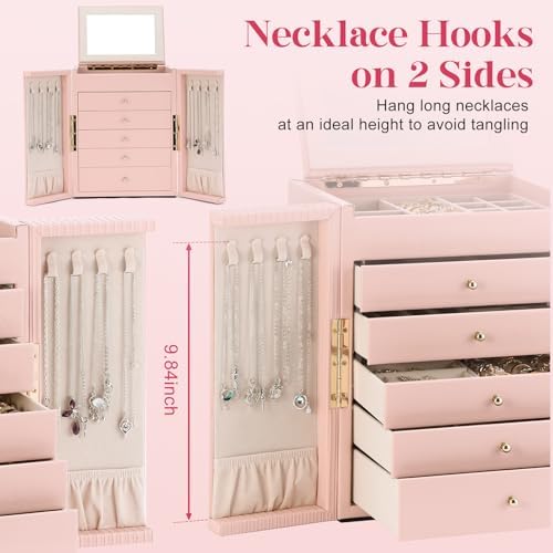 Dajasan Large Jewelry Organizer Box, 6-Tier Jewelry Storage Case with 5 Drawers, Jewelry Boxes for Women Girls with Mirror, Double Door, Textured PU Leather, Gift Idea, Stylish (Pink + Gold)