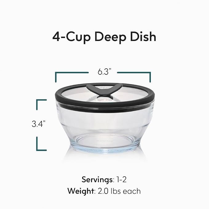 Anyday 4-Cup Glass Microwave Steamer & Food Storage (Clear Black Sesame) | Plastic-Free Meal Prep, Microwave Cookware, Stackable Airtight Storage Container, Vented Glass Lid Microwave-Safe Reheating