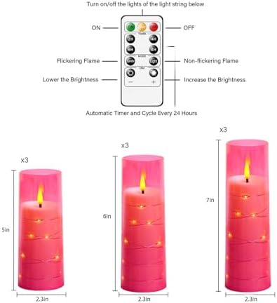 kakoya Flameless LED Candles with Timer 9 Pc Flickering Flameless Candles for Romantic Ambiance and Home Decoration Stable Acrylic Shell,with Embedded Star String，Battery Operated Candles(Pink)