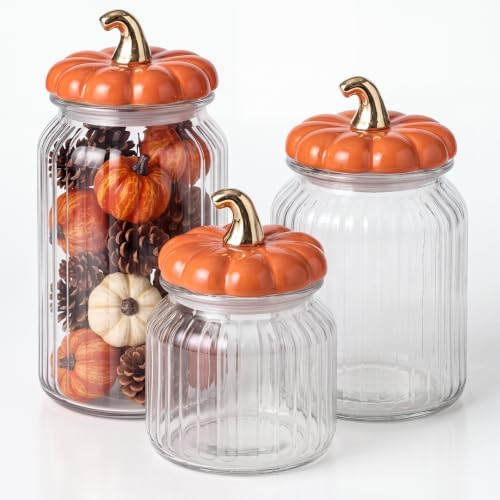 Mimorou 3 Set Fall Pumpkin Glass Jar with Pumpkin Airtight Ceramic Lid 44 oz 33 oz 22oz Clear Candy Jar Food Storage Canister for Thanksgiving Party Tea Cookie Table Decoration(Orange, Glass Jar)