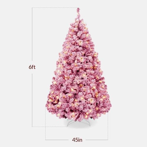 Best Choice Products Artificial Flocked Christmas Tree, 6ft Premium Pre-Lit Colorful Pine Holiday Décor w/250 Twinkle Lights, Metal Base - Pink
