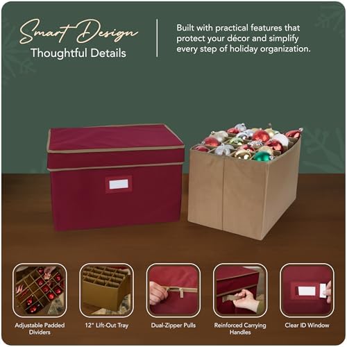 Covermates Adjustable Ornament Storage Box, 19.25" W x 13" D x 12.5" H, Red