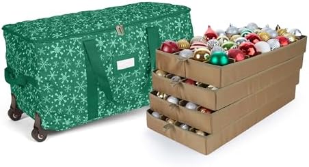 Covermates Keepsakes Rolling Adjustable Ornament Storage Bag – Heavy-Duty Polyester, FlexGrid Trays & Padded Dividers – Protective Holiday Organizer with Wheels, Handles & ID Window, Green Snowflake
