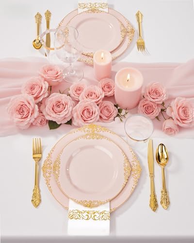 Nervure 175Pcs Pink Plastic Plates, Disposable Party Plates for 25 Guests