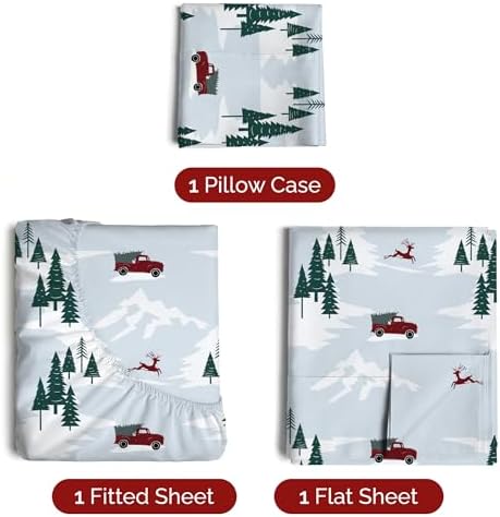 Christmas Sheet Set, Pickup Trucks, Holiday Xmas Bedding Set - Twin Size