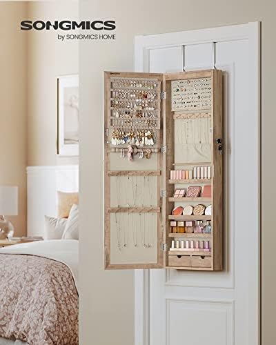 SONGMICS 6 LEDs Mirror Jewelry Cabinet, 47.2-Inch Tall, Lockable
