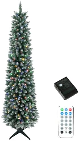HOMCOM 6ft Pencil Prelit Christmas Tree, Dual Color, Flocked, Green White
