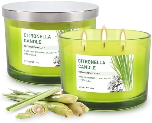 Set of 2 Green Glass Jars Citronella Oil Candles 14oz Smokeless & Outdoor Candles Perfect for Courtyards, Backyards, Camping, Picnics, and Garden.