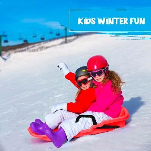 Slippery Racer Downhill Thunder Flexible Plastic Toboggan Snow Sled with Built in Brake System, Pull Rope, and Handle Grips, Red