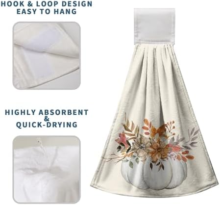 Fall White Pumpkins Hanging Hand Towels Set of 2 Autumn Watercolor Fall Leaves Kitchen Towels with Hanging Loop Thanksgiving Holiday Bath Towels Soft Absorbent Fingertip Dish Tie Towel for Bathroom