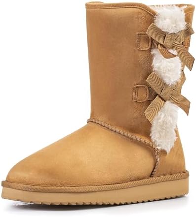 KRABOR Womens Suede Snow Boots Mid-Calf Winter Shoes with Side Bows
