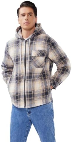 Elesuit Men's Full Zip Fleece Flannel Jacket Shirt Plaid Cotton Hoodie Coat