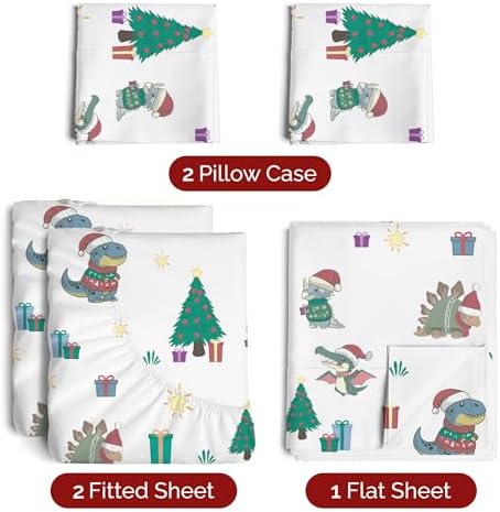 Christmas Sheet Set, Christmas Dinos, Holiday Xmas Bedding Set - Split King