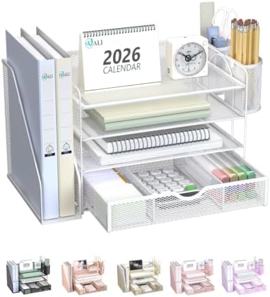 WALI Desk File Organizer, 4 Tier Desktop Paper Letter Tray Organizer with Drawer and 2 Pen Holders, Office Desk Accessories & Workspace Organizers for Office, Home Supplies(DO005DH-W), 1 Pack, White