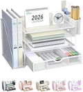 WALI Desk File Organizer, 4 Tier Desktop Paper Letter Tray Organizer with Drawer and 2 Pen Holders, Office Desk Accessories & Workspace Organizers for Office, Home Supplies(DO005DH-W), 1 Pack, White