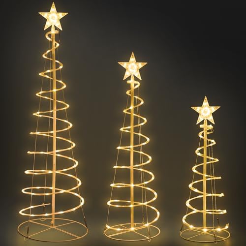 Set of 3 Christmas Spiral Tree Lights, 3/4/5 FT Holiday Decor, Warm White