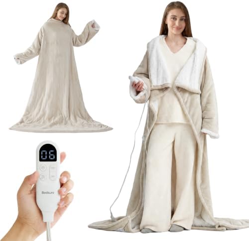 Bedsure Wearable Heated Blanket with Foot Pocket & Sleeves, 50x71+18" Cream